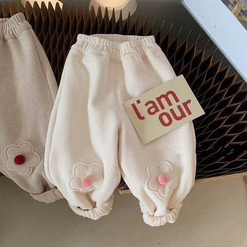 Add velvet autumn and winter baby flower fur ball casual pants